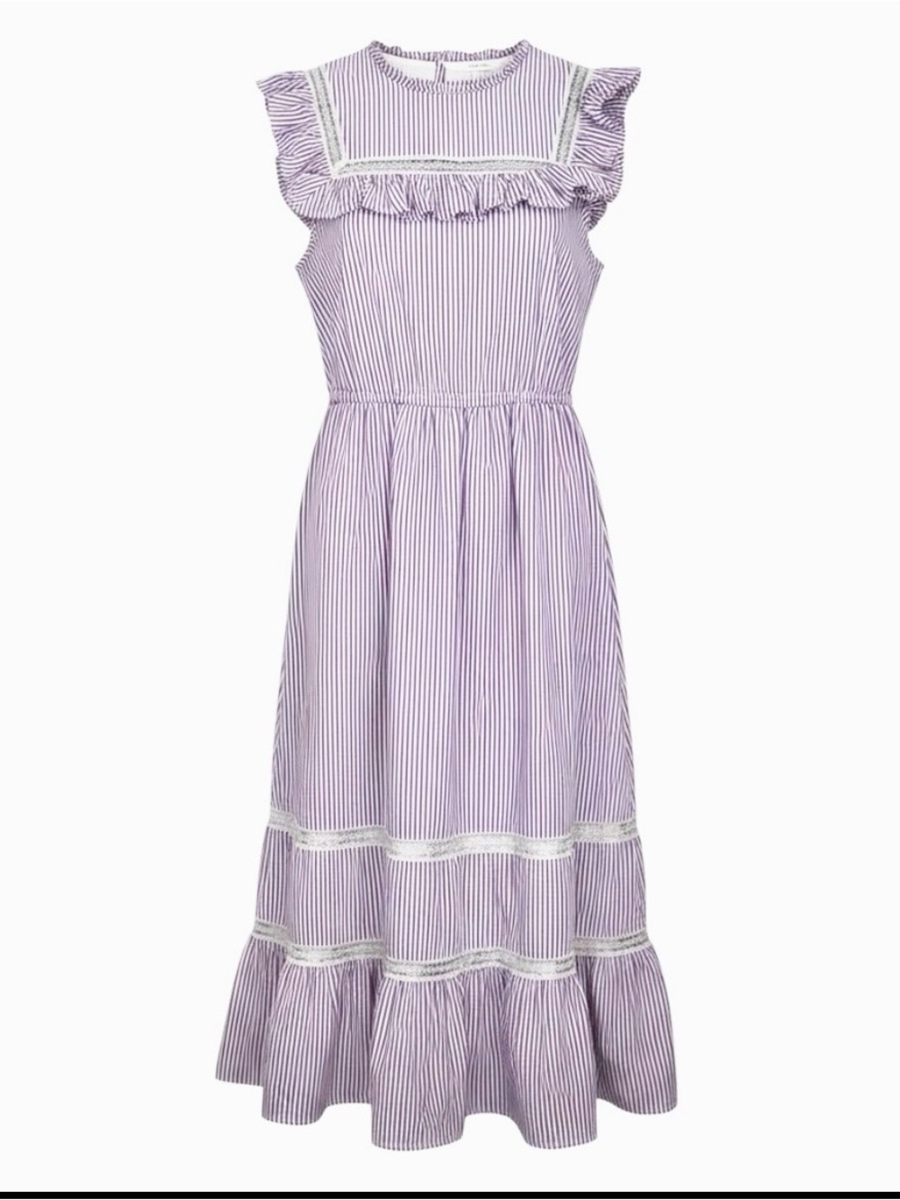 J. Crew Midi Dress Lavender Purple Striped Lace Ruffle 100% Cotton Size S